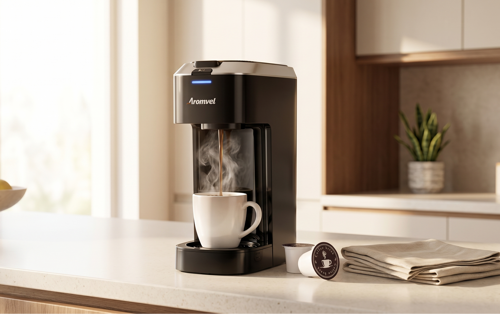A coffee maker brewing a cup of coffee on a kitchen counter.